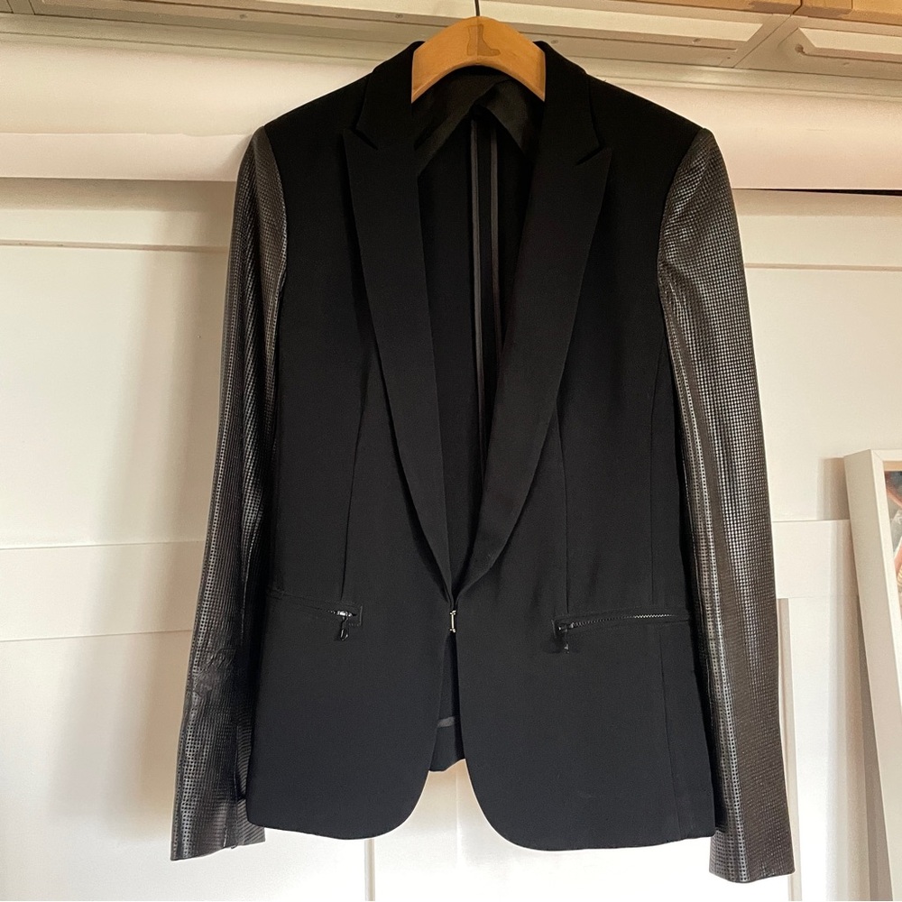 rag & bone // Black Blazer with Black Textured Lamb Leather Sleeves size 6